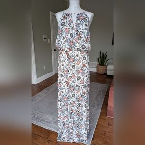 American Eagle Dress Floral Boho Cottagecore Maxi Tassel Tie Strap Cream Size L